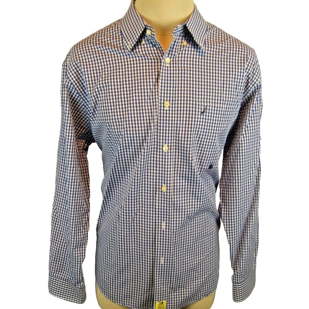 Mens Nautica Blue Plaid LS 100% Cotton Casual Shirt sz 17x34/35
